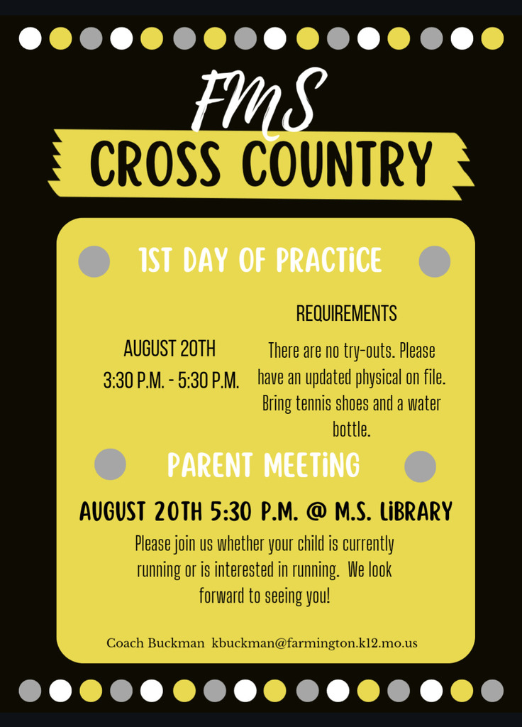 XC flyer Aug 20 5:30 parent meeting, first practice Aug 20th. bring shoes and water bottle