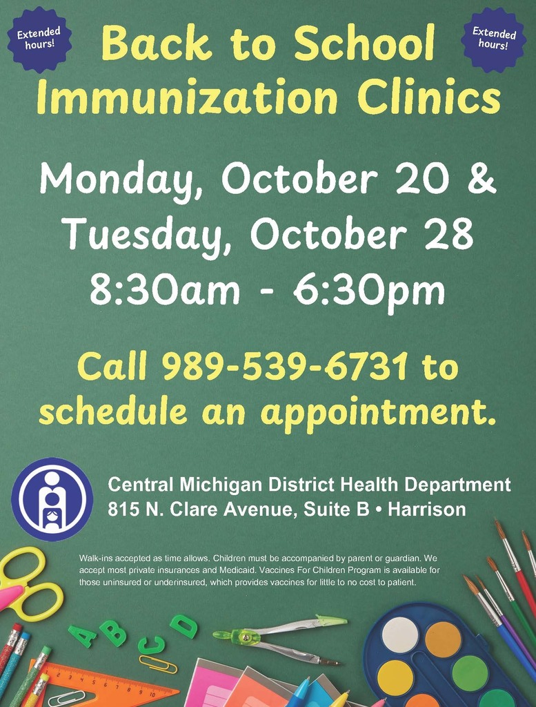 Back to School Immunization Clinics Monday October 20th and Tuesday October 28th 8:30am-6:30pm