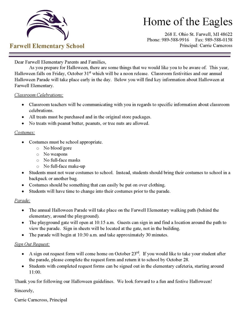 Farwell Elementary Information for Halloween 2025
