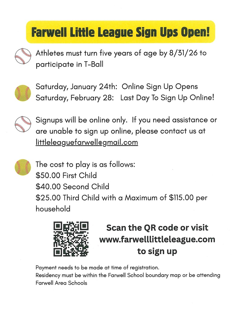 Farwell Little League Sign Ups 2026