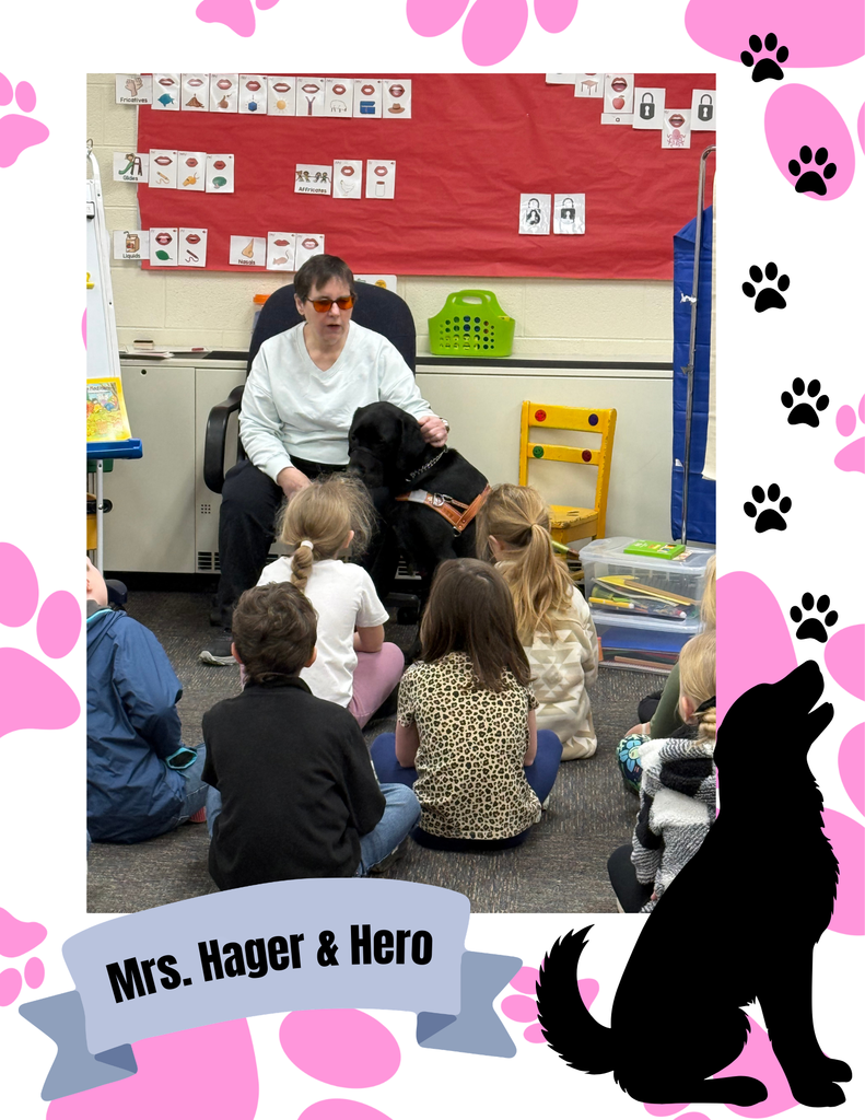 MARCH IS READING MONTH ELEMENTARY VOLUNTEER MRS. HAGER AND HER SEEING EYE DOG HERO READ TO THE ELEMENTARY 