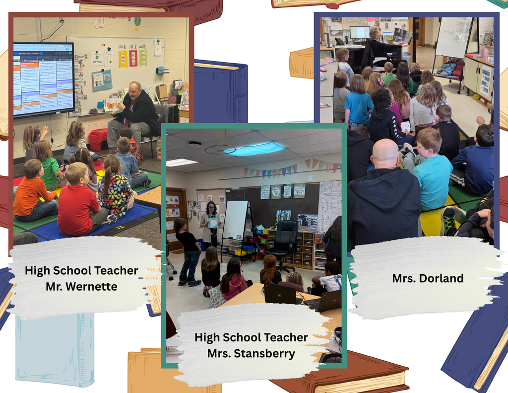 MARCH IS READING MONTH HIGH SCHOOL TEACHERS READING TO ELEMENTARY STUDENTS AS WELL AS MRS. DORLAND 