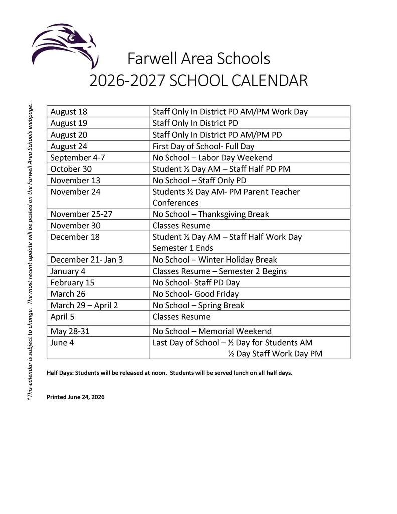 2026-2027 SCHOOL CALENDAR a list of days for school year first day August 24