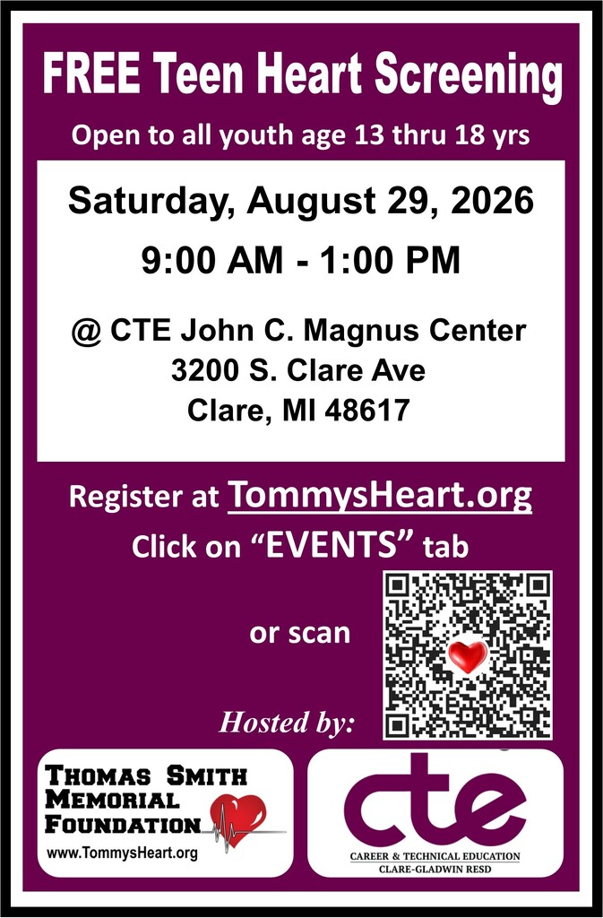 CTE FREE HEART SCREENING NEED TO SIGN UP SPOTS LIMITED SATURDAY AUGUST 29TH 9AM-1PM