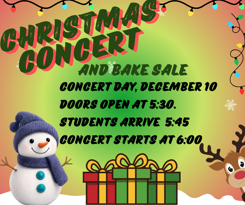 Christmas Concert & Bake Sale Poster, Wednesday December 10th at 6pm