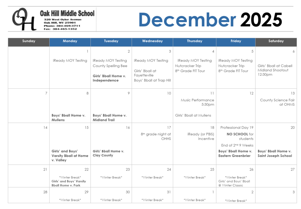 Calendar for December