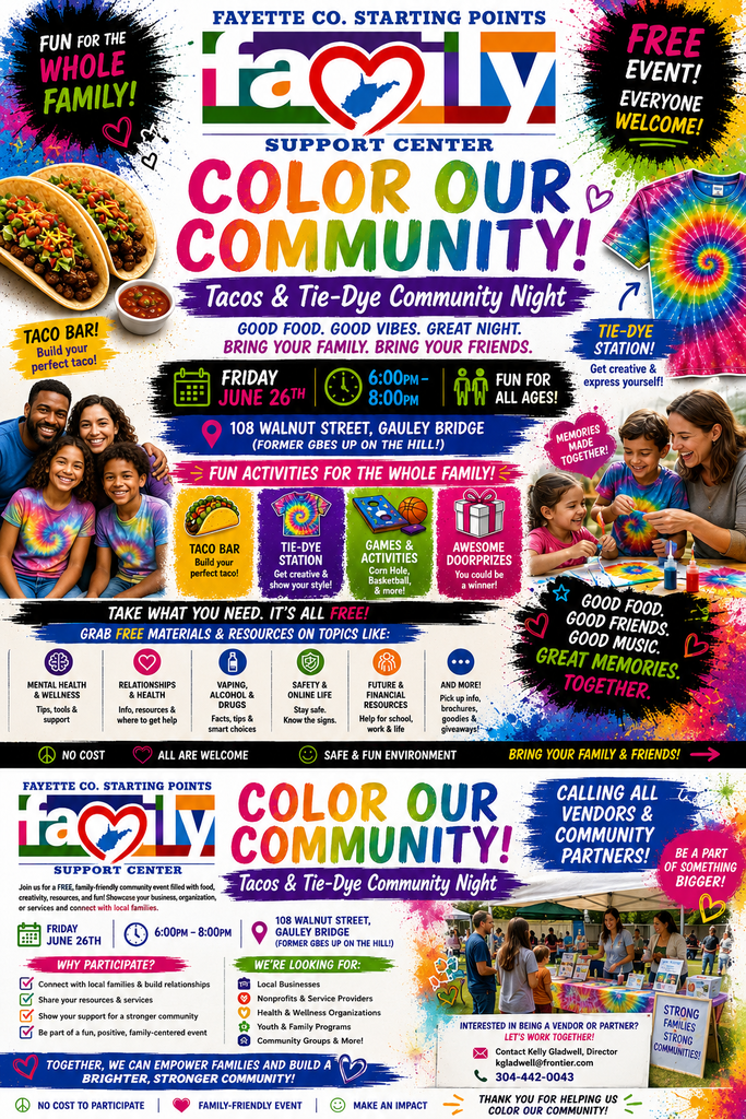 Starting Points , Color our Comuunity Event  Friday June 26th 6-8 PM. Fun for all ages.
