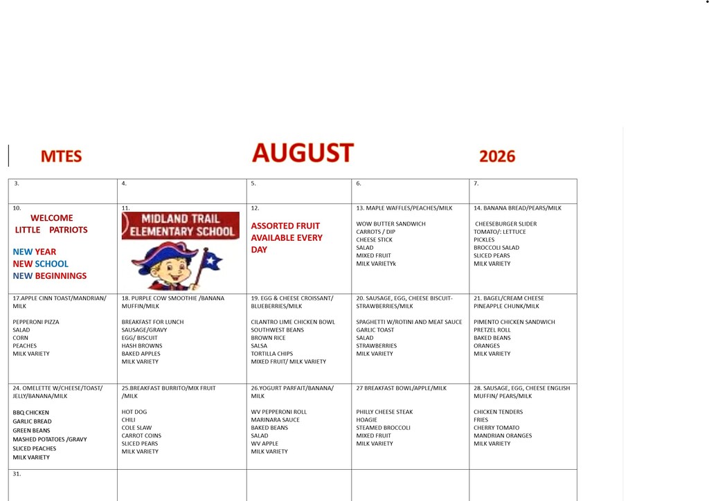 August Breakfast and Lunch Menu