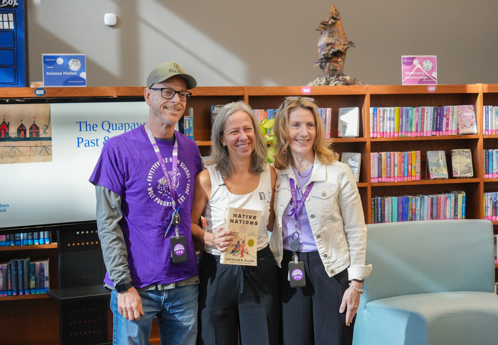 Pulitzer Prize-winning author Dr. Kathleen DuVal, FHS class of 1988, visited FHS today to share her expertise on the Quapaw in Arkansas and their interactions with European settlers. A University of North Carolina-Chapel Hill professor, Dr. DuVal discussed historical insights from her book “Native Nations: A Millennium in North America,” reminding us that every time we say “Ozark,” we are speaking of the land of the Quapaw. Fayetteville High School teacher and former classmate Coty Nichols helped make this special visit possible, connecting students with an incredible opportunity to learn from a distinguished historian and author. #fpsteachloveinspire