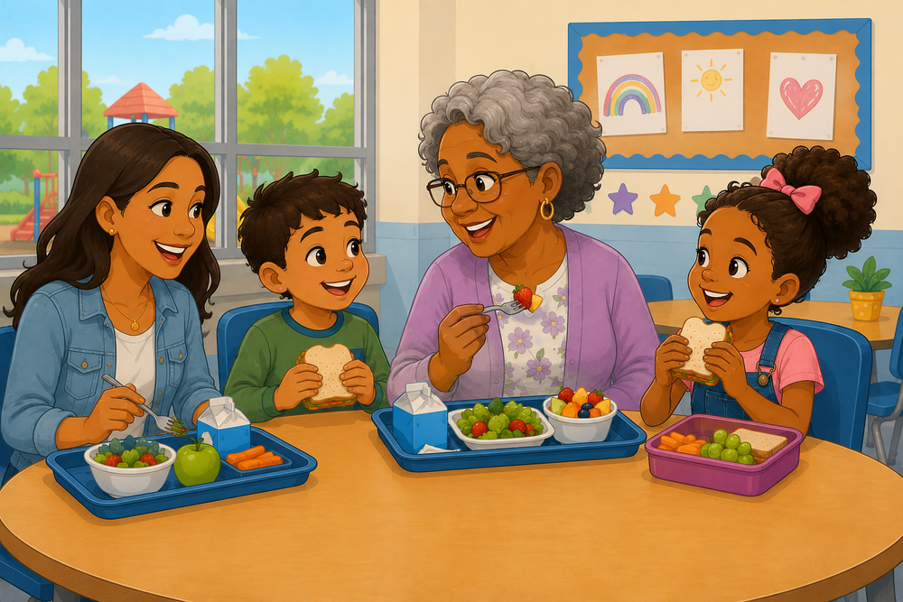 Mother and son and a grandmother and girl eating lunch