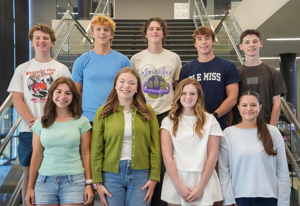 FHS 2027 National Merit Scholarship Semifinalists - Front row (left to right): Mary-Kathryn Irby, Rebekah Hale, Olivia Baker, and Zoe Warren. Back row (left to right): William Woodruff, Grant Alderson, Simon Stephenson, Lukas Klaus, and Jude Cook.