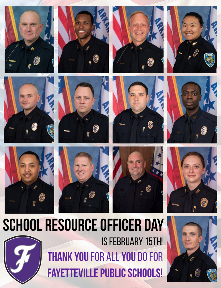 It’s School Resource Officer Day! SRO’s play an important part in our schools by not only promoting safety, but by bridging the gaps between law enforcement and our youth. SROs are carefully selected, specifically trained, sworn law enforcement officers assigned to work with schools using community-oriented policing concepts. We appreciate ALL of our school resource officers and their dedication to the students and staff of Fayetteville Public Schools! #fpsteachloveinspire