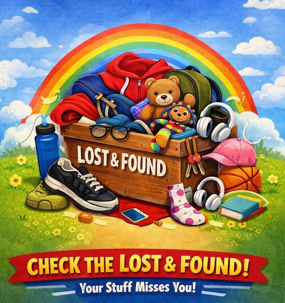 Colorful graphic of a lost and found box full of items. Rainbow and blue sky in the background.