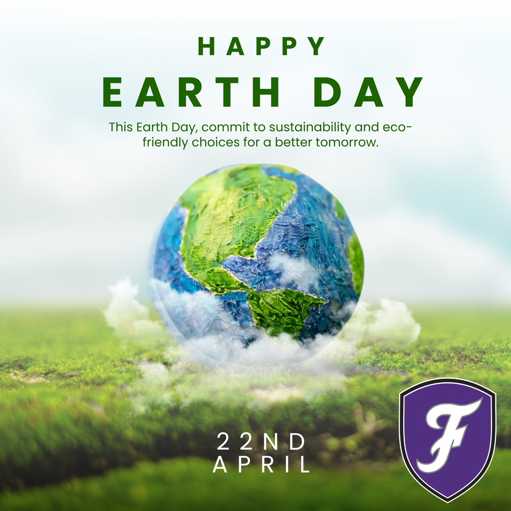 A poster for Earth Day shows Earth with green and blue hues. The poster includes a logo, date, and a message about sustainability.