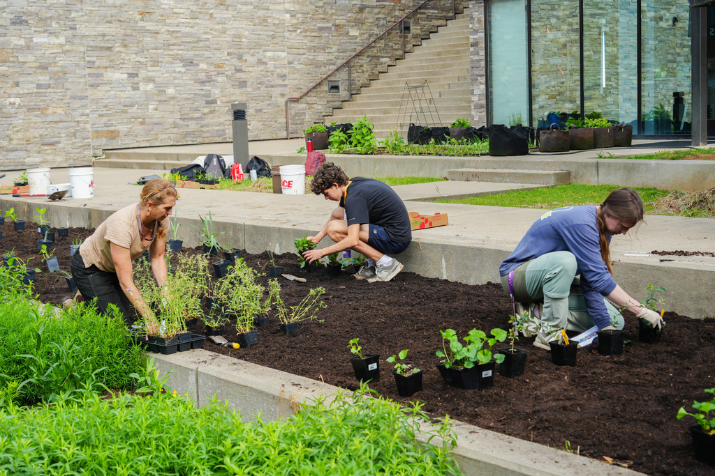 Three people planting plants in raised beds at a garden outside a building with stone walls.