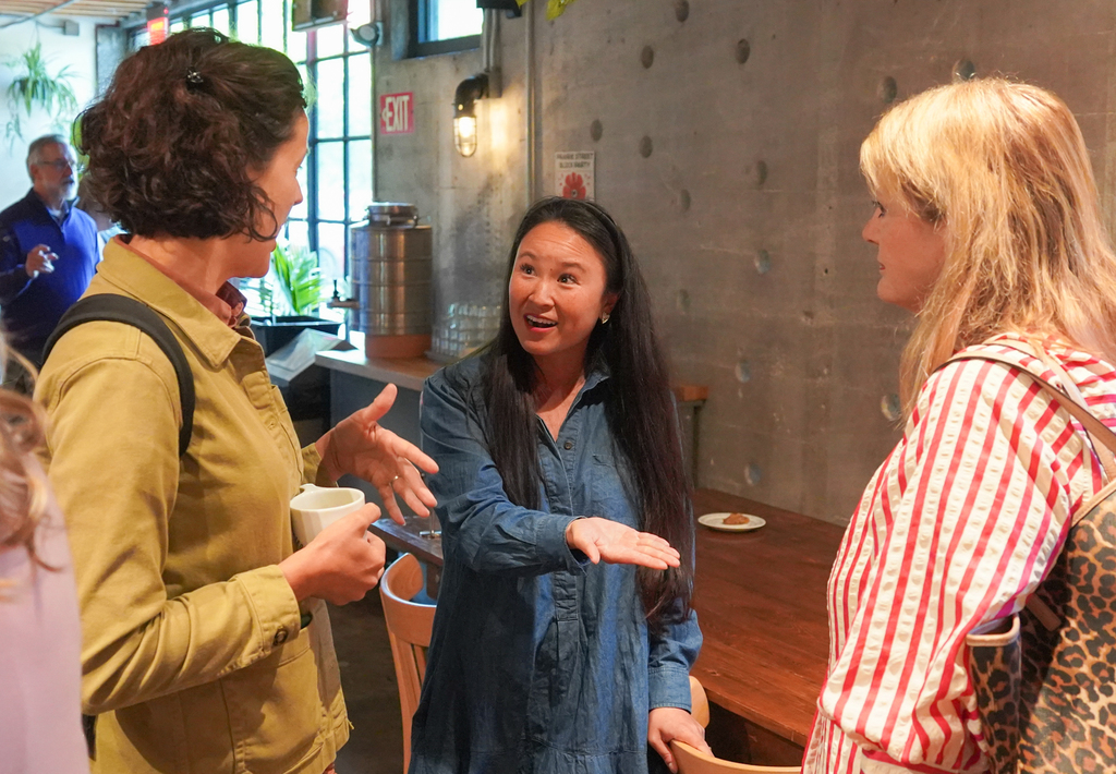 Three women conversing in a room with a wall of round holes, a table, and a potted plant.