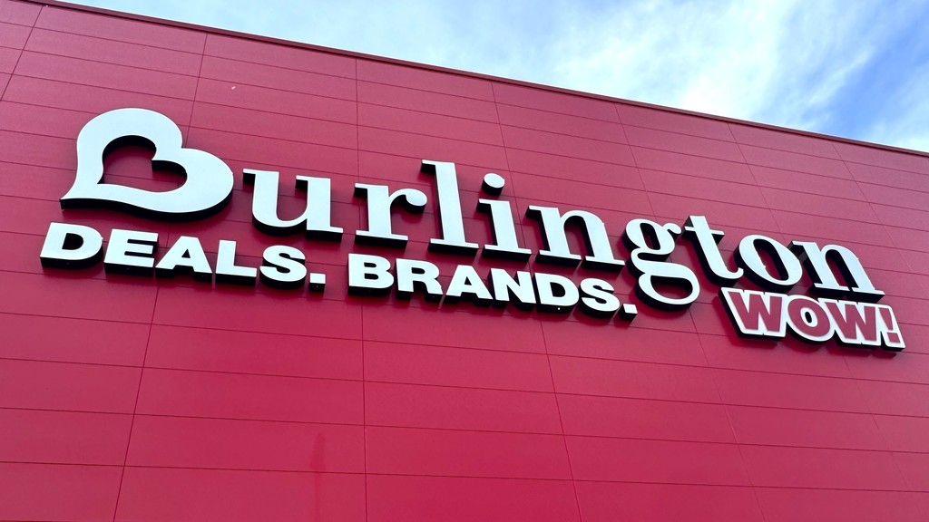 Red building with a sign that says "Burlington Deals. Brands. Wow!" on the side.