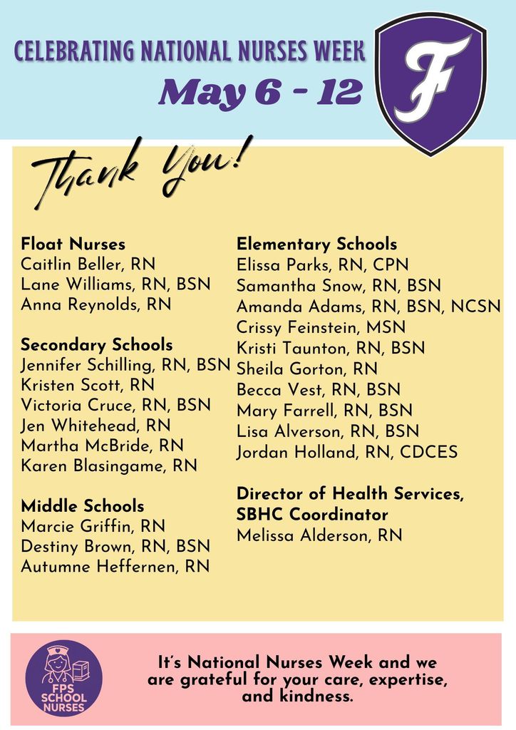 Blue and white flyer celebrating National Nurses Week, May 6-12. It thanks Float Nurses, Elementary Schools, Secondary Schools, and Middle Schools.
