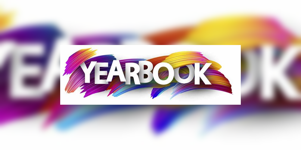 A colorful, abstract background features a white banner with the word "Yearbook" in large, multicolored, stylized letters.