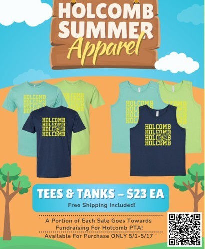 Advertisement for Holcomb Summer Apparel featuring four t-shirts in various colors. QR code and message about funding for Holcomb PTA.