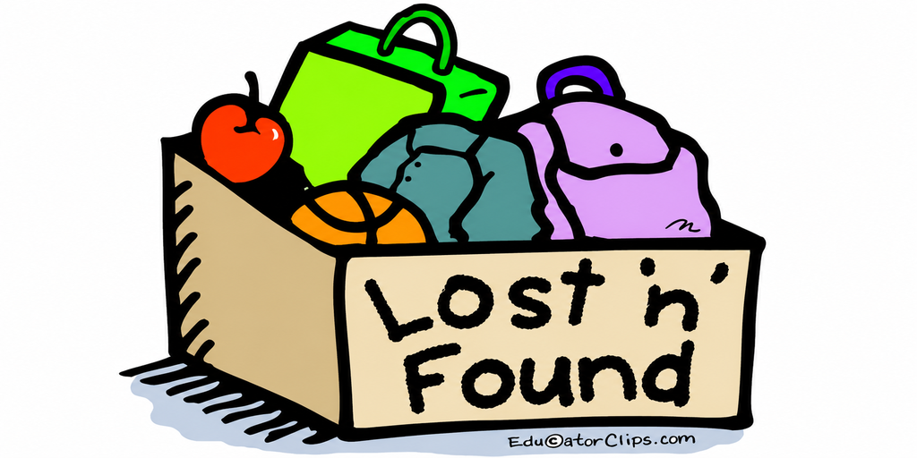 A box labeled "Lost in Found" filled with diverse items including an apple, backpacks, a basketball, and a soccer ball.
