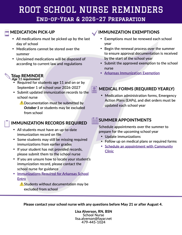 A document titled "Root School Nurse Reminders" with blue background contains bullet points about end-of-year and 2026-27 preparation.