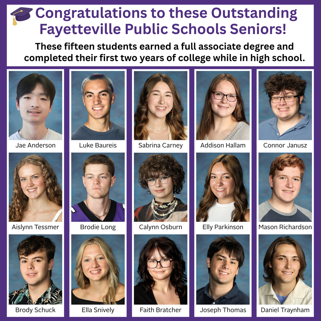 Fifteen students in a collage, each with a graduation cap graphic, name, and photo. Purple background.