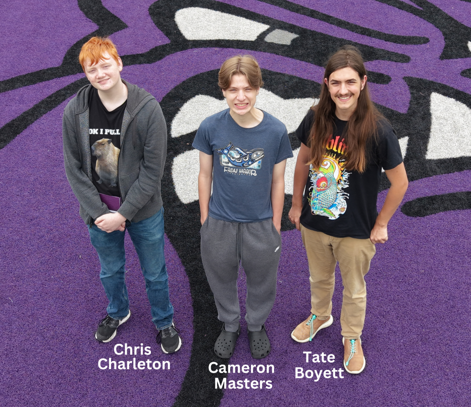 Three teens stand on a purple surface with a black and white pattern. Names are below each: Chris Charlton, Cameron Masters, Tate Boyett.