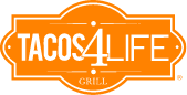 Black background with "Tacos4Life" logo. Logo has yellow border and text in black.