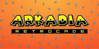 "ARKADIA RETROCADE" written in bold yellow letters on an orange background with blue confetti.