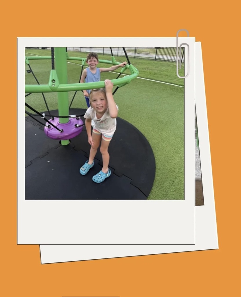 Two children on a playground swing, one holding the bar, another on a swing. Orange background.
