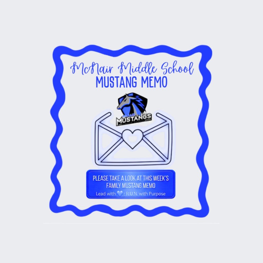 Blue envelope with a heart, the text "Mt. Air Middle School Mustang Memo" and a horse head.