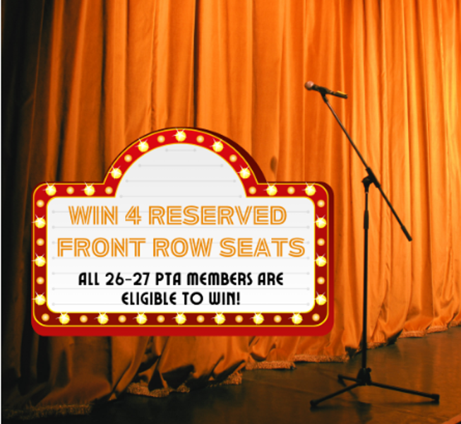 Brightly lit sign reads "WIN 4 RESERVED FRONT ROW SEATS" with orange curtains and a microphone stand in the background.