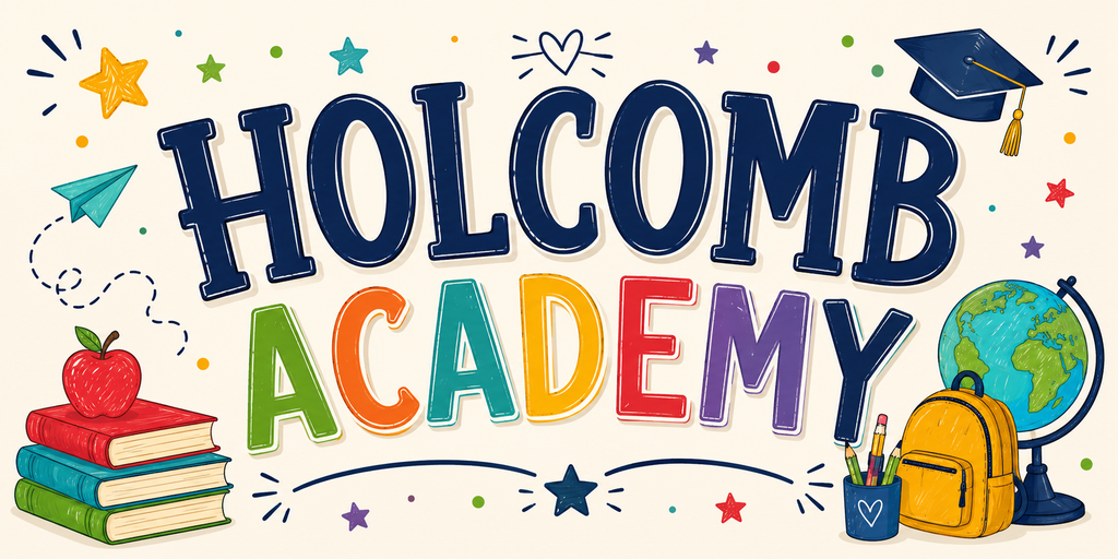 White background with colorful text and icons. "HOLCOMB ACADEMY" written in rainbow colors. Apple, books, backpack, globe, pencil, stars, and heart.