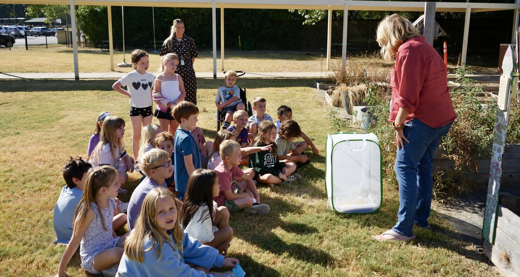 A woman explains something to a group of children sitting on grass near a storage box.