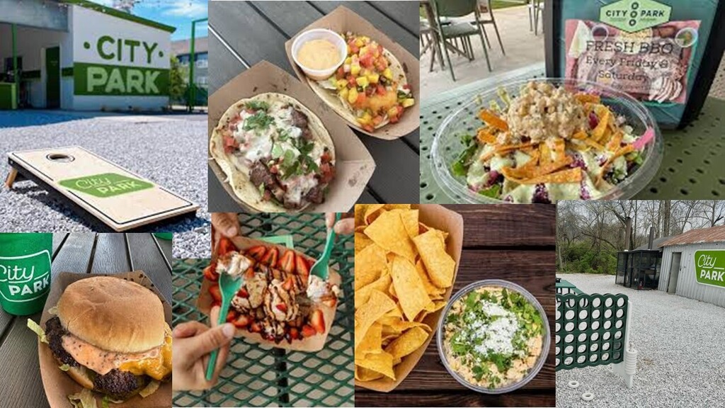 Collage of City Park menu items: tacos, burger, salad, nachos, and chips. Background includes a park building and picnic tables.