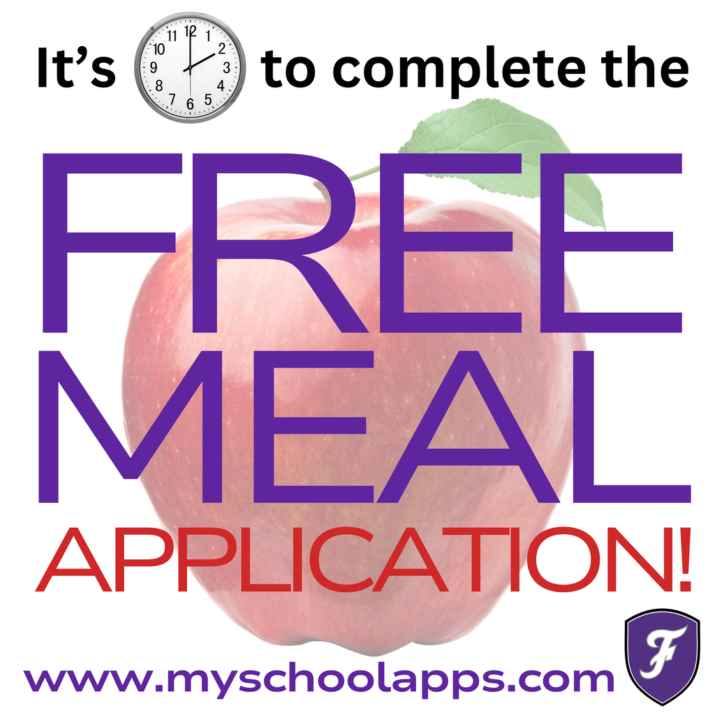 Advertisement with a red apple, leaf, and clock above. Text reads "It's time to complete the FREE MEAL APPLICATION!"