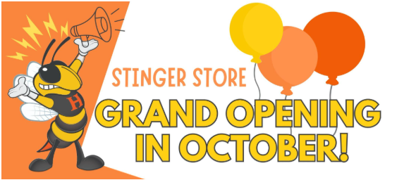 Logo with a bee, megaphone, and balloons. Text reads "Stingers Store Grand Opening in October!"