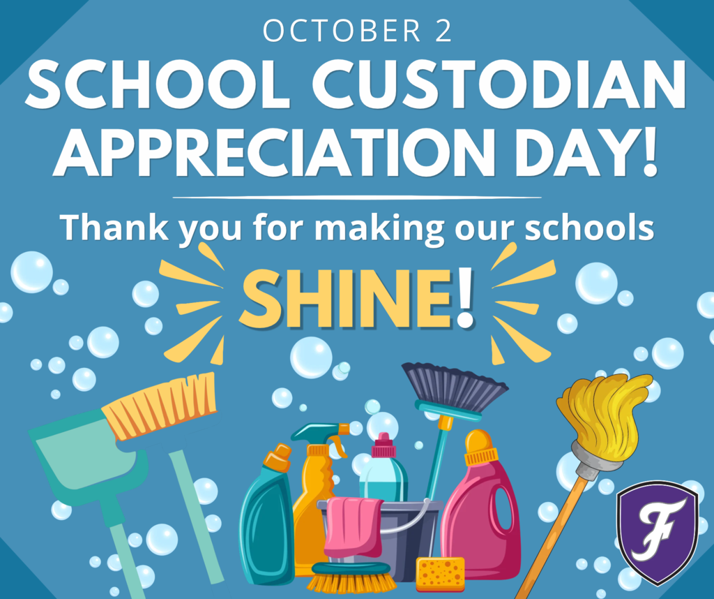 Poster for School Custodian Appreciation Day on October 2. Various cleaning tools are shown.