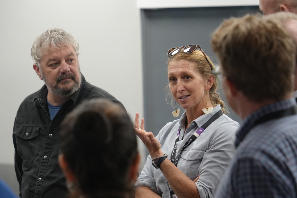 A woman in gray, making hand gestures, speaks to a group of people in a room.