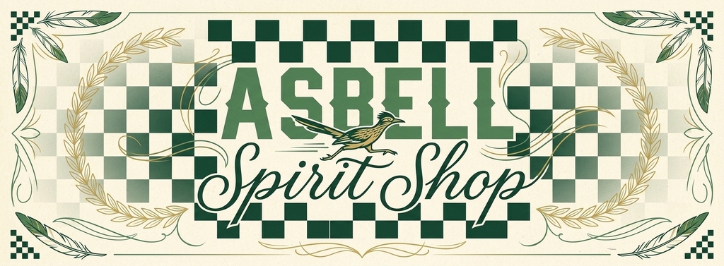 A banner with "ASBELL Spirit Shop" text in a decorative font, a bird, and a checkered pattern.