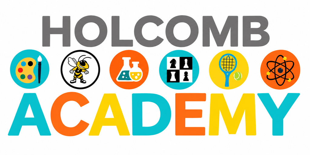 A logo with "HOLCOMB ACADEMY" above multi-colored icons including paintbrush, bee, test tube, tennis racket, and atom.