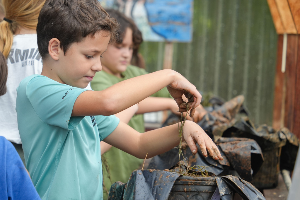 Kids working with soil in outdoor learning environment. One child holds soil in his hands.