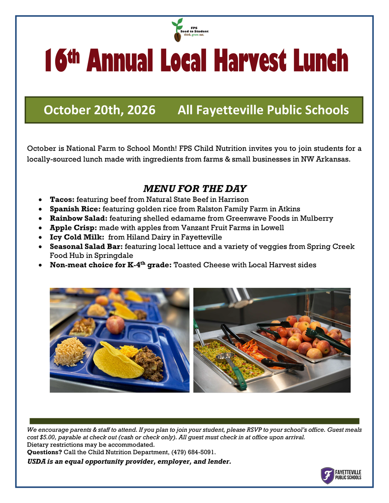 An event flyer for the 16th Annual Local Harvest Lunch on October 20, 2026. Menu items include tacos, Rainbow Rice, Apple Crisp, and more.