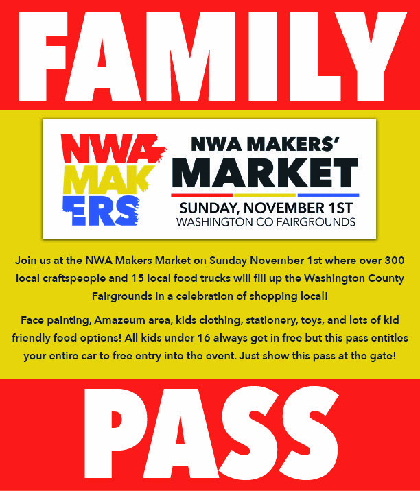 Advertisement for NWA Makers Market on November 1st, featuring local crafters and food trucks, with kids' activities.