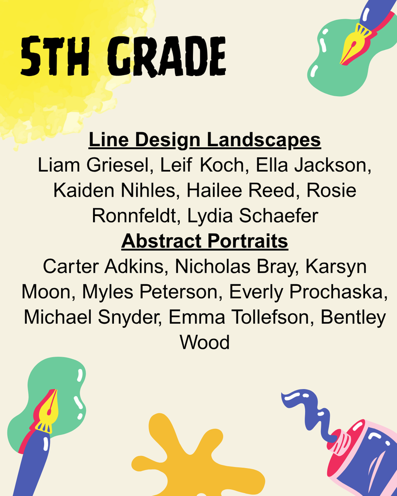 a list o 5th grade students whose art is on display