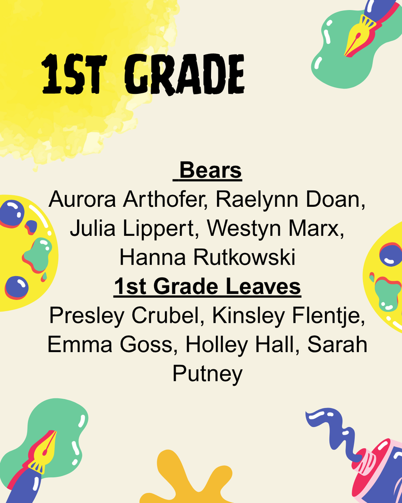 a list of 1st grade students whose art is on display