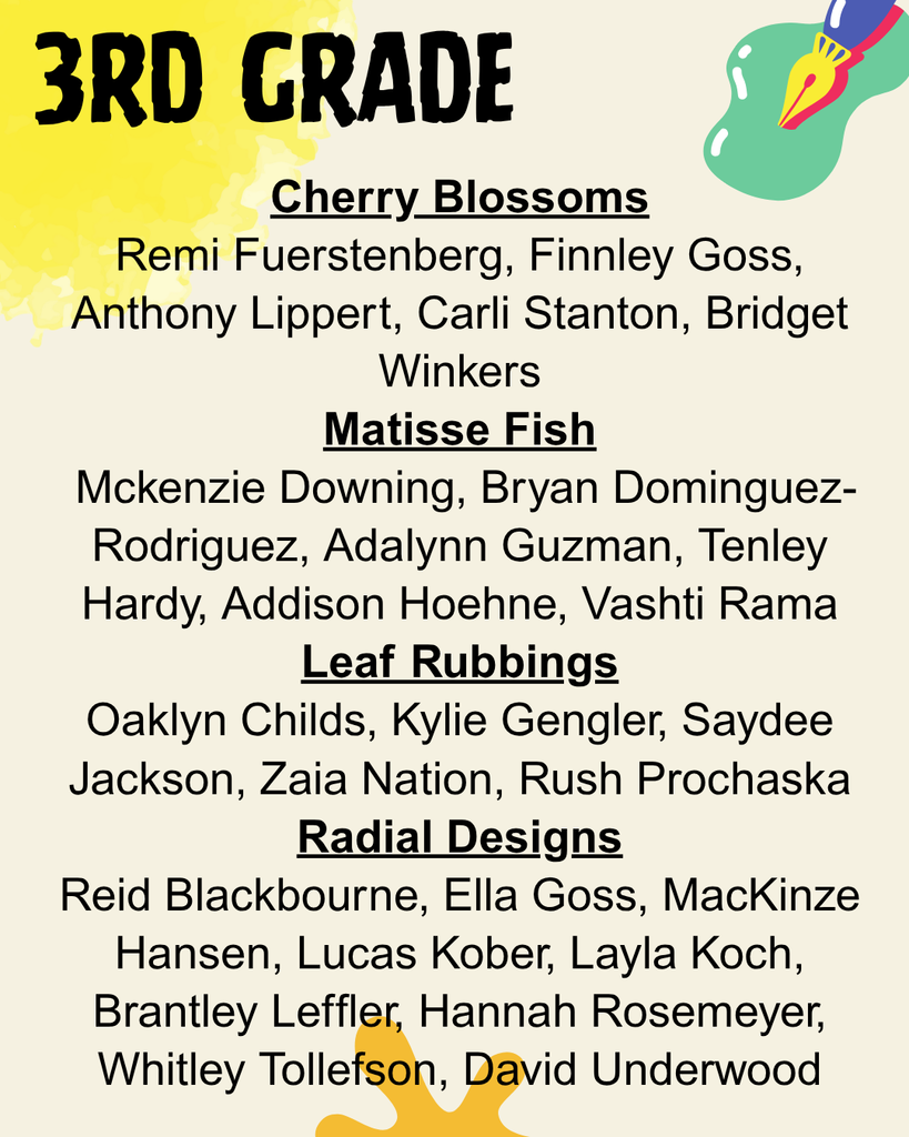 a list of 3rd grade students whose art is on display