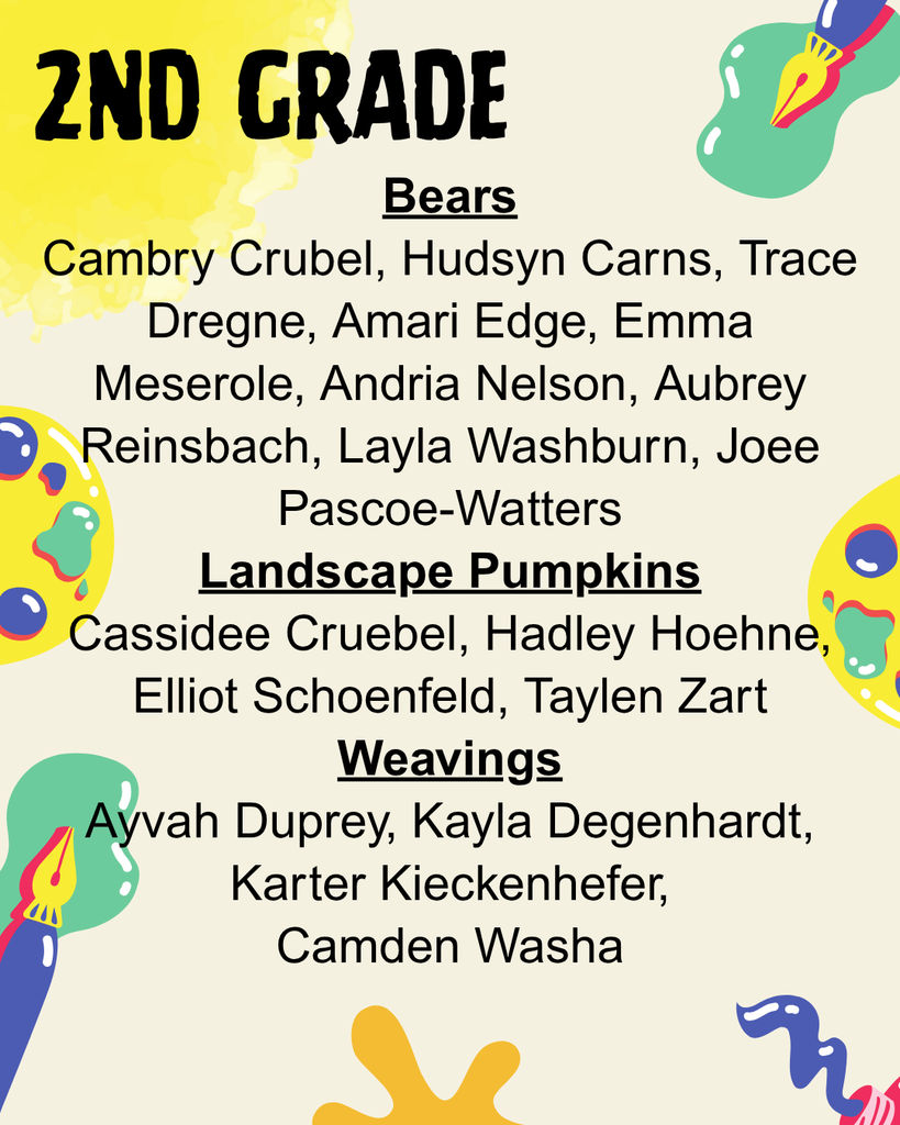 a list of 2nd grade students whose art is on display