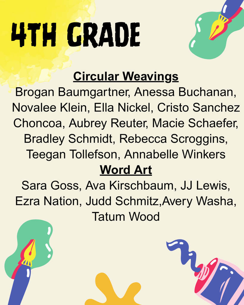 a list of 4th grade students whose art is on display